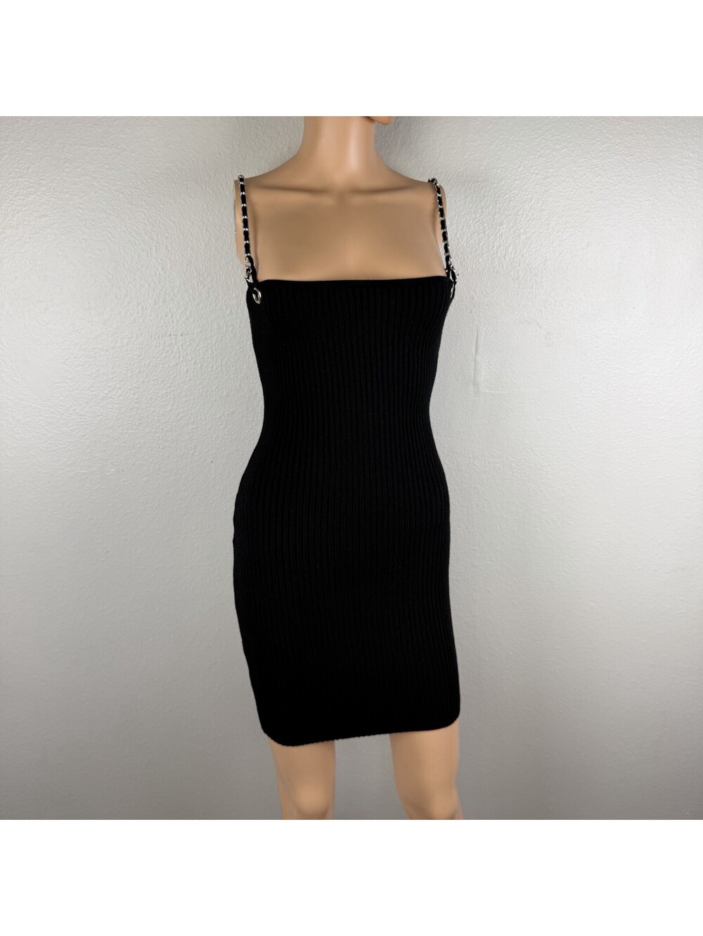 TIC TOC Black Ribbed Bodycon Mini Dress Chain Strap Y2K Clubwear Party S NWOT